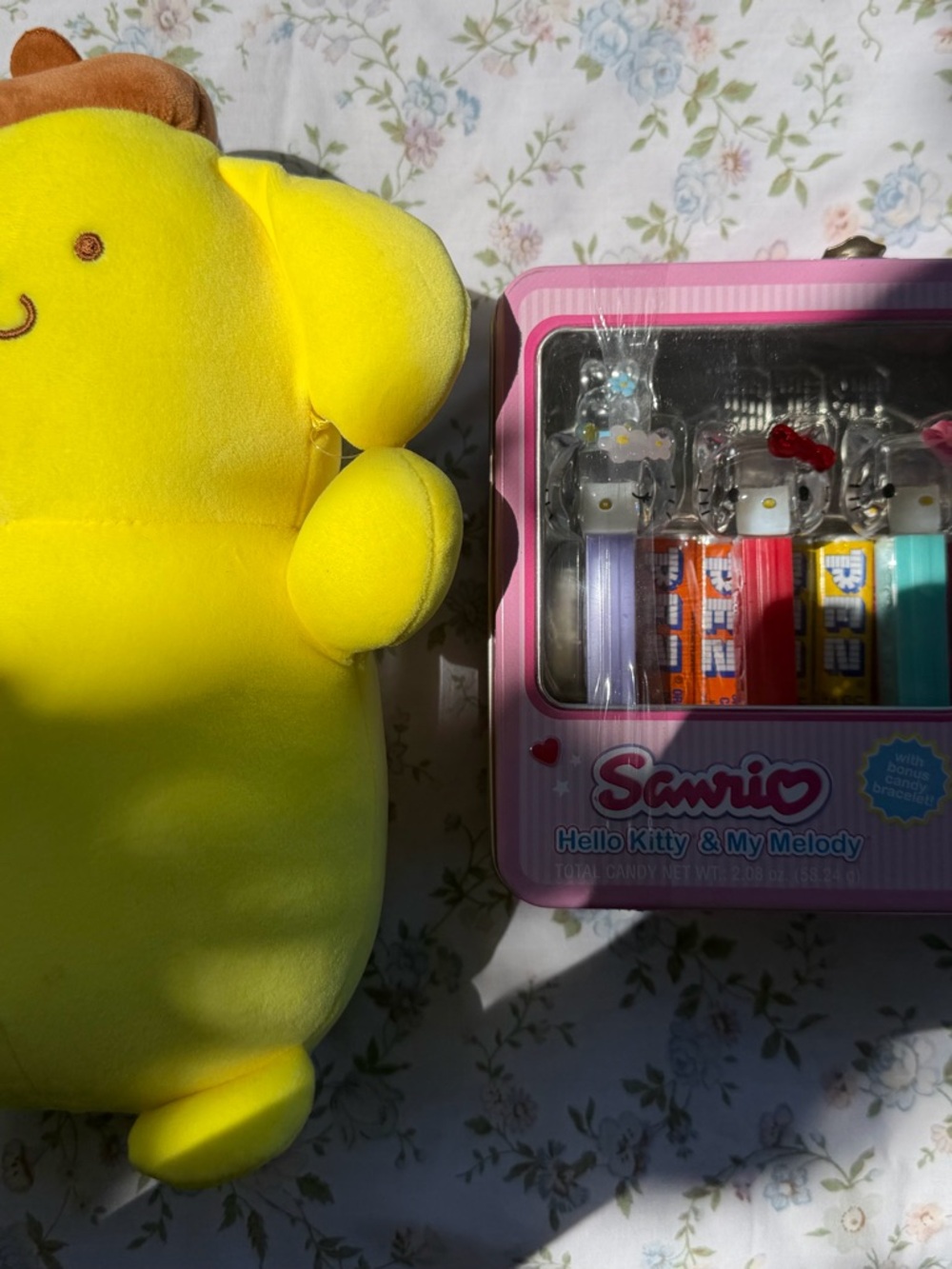 Sanrio Pez Tin Set with Hello Kitty & My Melody - Pink Tin, Yellow Plush Visible